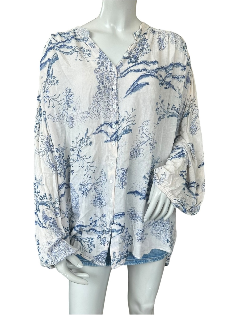 Free People Metallic Bloom Cream & Blue Oversized Floral Euro Printed Blouse Med
